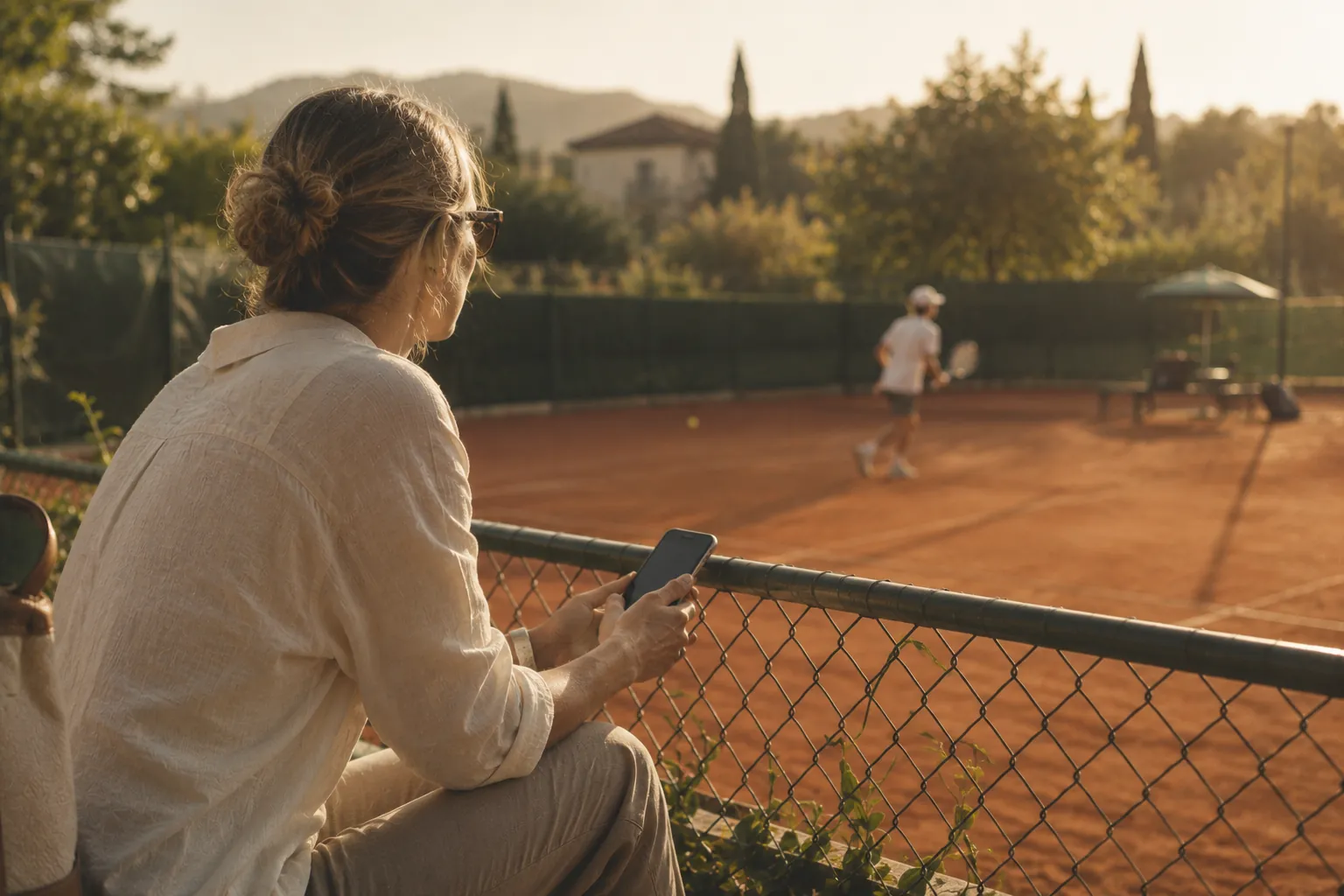 Parent following a player's match from courtside